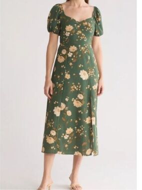 Blu Pepper Green Floral Midi Dress with Puff Sleeves